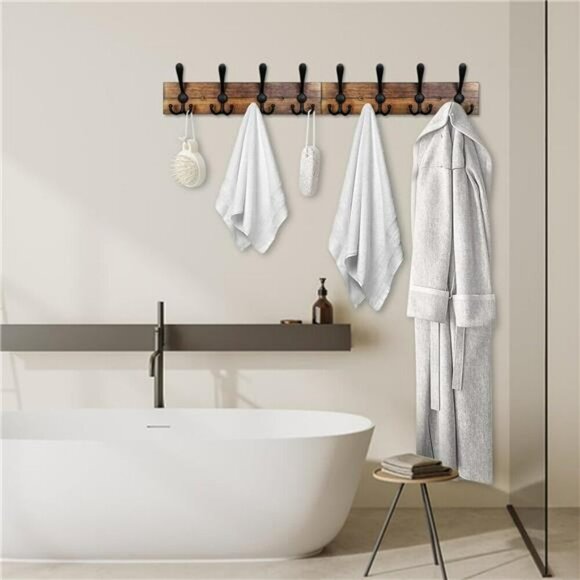 Rustic Wall Mounted Coat Rack with Hooks Wood Towel Hanger Entryway Shelf - Picture 4 of 8